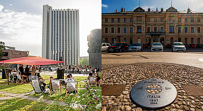 Ein zweigeteiltes Bild mit links einer Ansicht von Menschen in einem sonnigen Park in Chemnitz  mit Karl-Marx-Büste und rechts einer Metallplakette mit Informationen zur ehemaligen Grenze mit einem schlossähnlichen Gebäude im Hintergrund