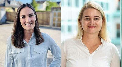Zwei Frauen stehen nebeneinander, jeweils in unterschiedlichen Umgebungen. Links eine Frau mit glatten, dunkelbraunen Haaren, die nach unten fallen, sie trägt ein hellblaues Hemd und steht draußen vor einem Holzzaun bei sonnigem Wetter. Rechts eine Frau mit blonden Haaren, die ein weißes Hemd trägt, sie steht drinnen vor einem hellen Hintergrund mit Glasfassaden. Beide lächeln in die Kamera.