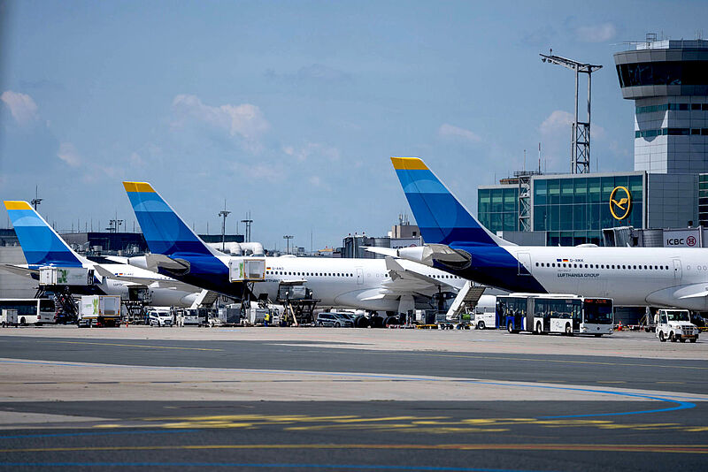 Mehrere Flugzeuge von Discover Airlines in weiß-blau-gelber Lackierung stehen nebeneinander vor dem Terminalgebäude des Frankfurter Flughafens