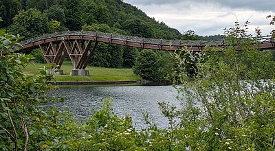 Eine lange, geschwungene Fußgängerbrücke aus dunklem Holz führt über einen Fluss, im Hintergrund ist Wald zu sehen, im Vordergrund Büsche. Der Himmel ist bedeckt. 