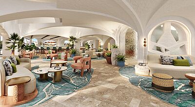 Modernes Hotel-Lobby-Design im mediterranen Stil mit eleganten Sitzmöbeln, Natursteinböden, Pflanzen und stilvoller Bar im Hintergrund – W Hotel Costa Smeralda, Sardinien