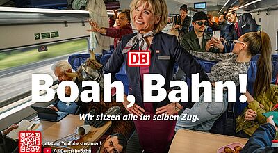 Key-Visual der neuen Web-Serie mit dem Schriftzug „Boah, Bahn! Wir sitzen alle im selben Zug.“ Als Darsteller ist unter anderem Anke Engelke als Zugchefin zu sehen.