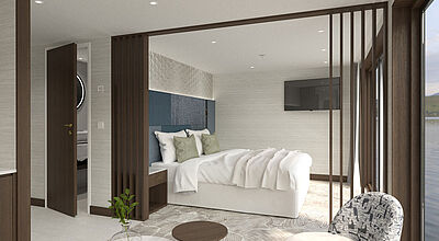 Die Viva Beyond bietet mehr Suiten als jedes andere Viva-Schiff Suite in Braun und Weiß auf Flusskreuzfahrtschiff