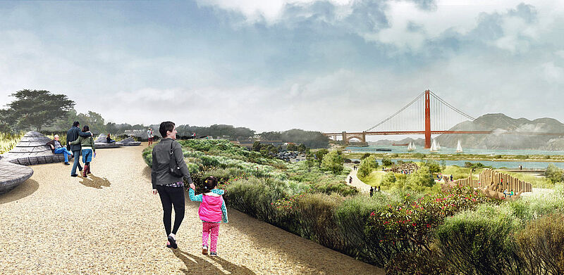 Diesen Blick auf die Golden Gate Bridge wird das neue Parkareal „Presidio Tunnel Tops“ bieten. Foto: San Francisco Travel Association