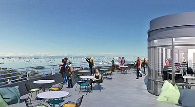Von der Dachterrasse des Best Western Plus Hotels Ilulissat können Reisende den lulissat-Eisfjord beobachten
