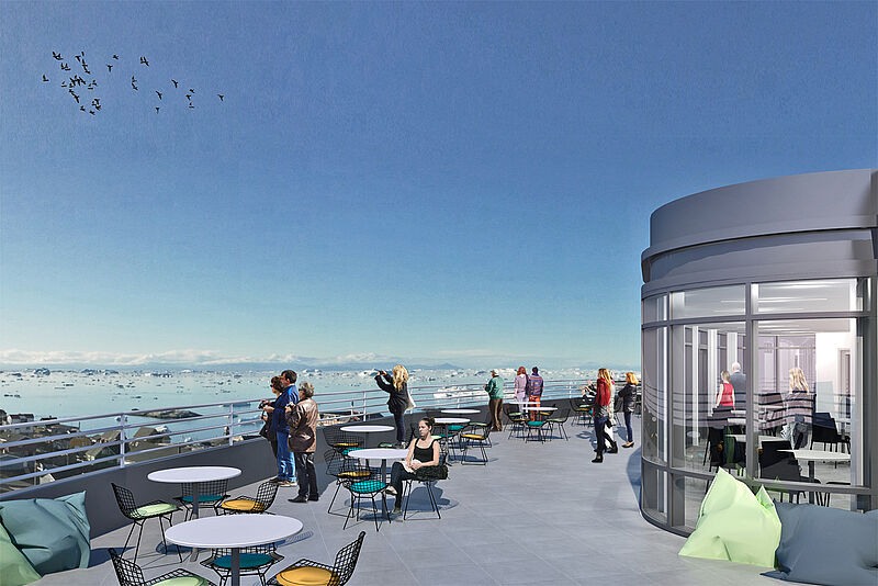 Von der Dachterrasse des Best Western Plus Hotels Ilulissat können Reisende den lulissat-Eisfjord beobachten