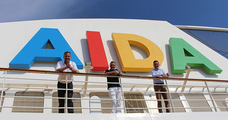 Waren bei der Reisebüro-Kreuzfahrt auch dabei: Aida-Marketingchef Alexander Ewig, RTK-Geschäftsführer Thomas Bösl und Aida-Vertriebschef Uwe Mohr (von links nach rechts)