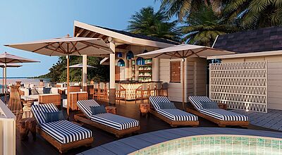 Vier blau-weiß gestreifte Liegen an einem Pool 