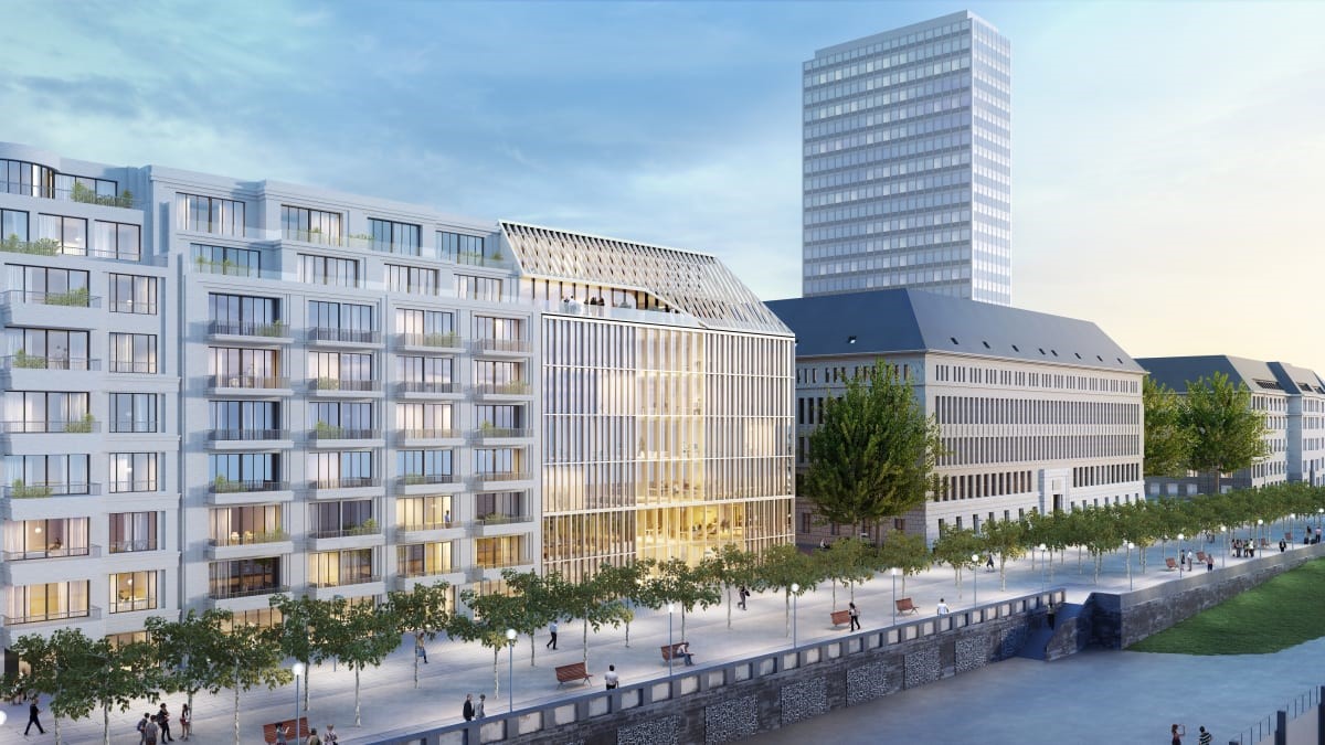 Mit seiner vertikalen Fassade lehnt sich der Neubau an den historischen Behrens-Bau rechts daneben an. Modell: Alltours