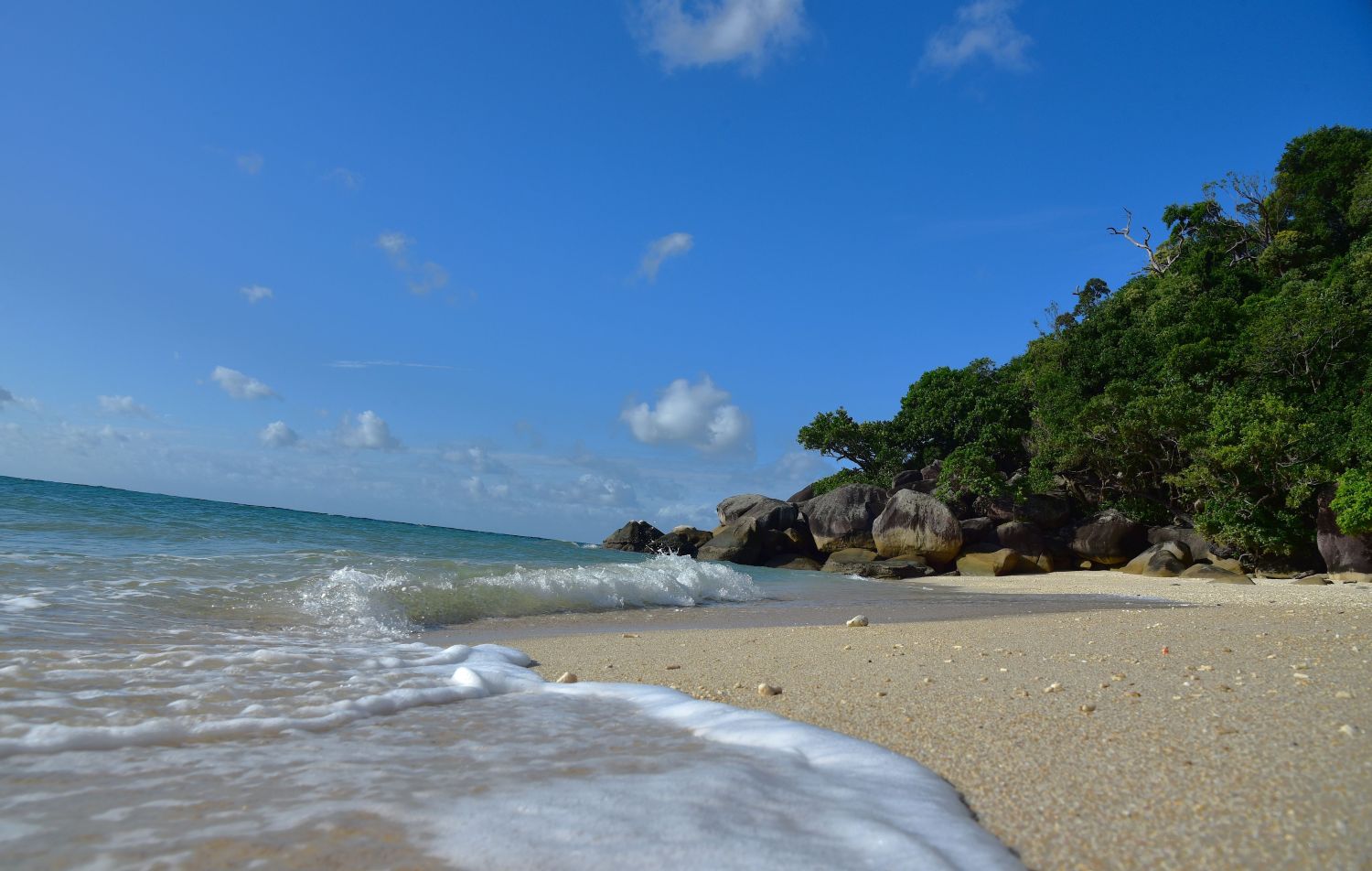 Sanfte Wellen rollen an einen sandigen Strand mit feinem Schaum, während im Hintergrund große Felsen und dichtes grünes Buschwerk zu sehen sind. Der Himmel ist klar und blau mit einigen weißen Wolken