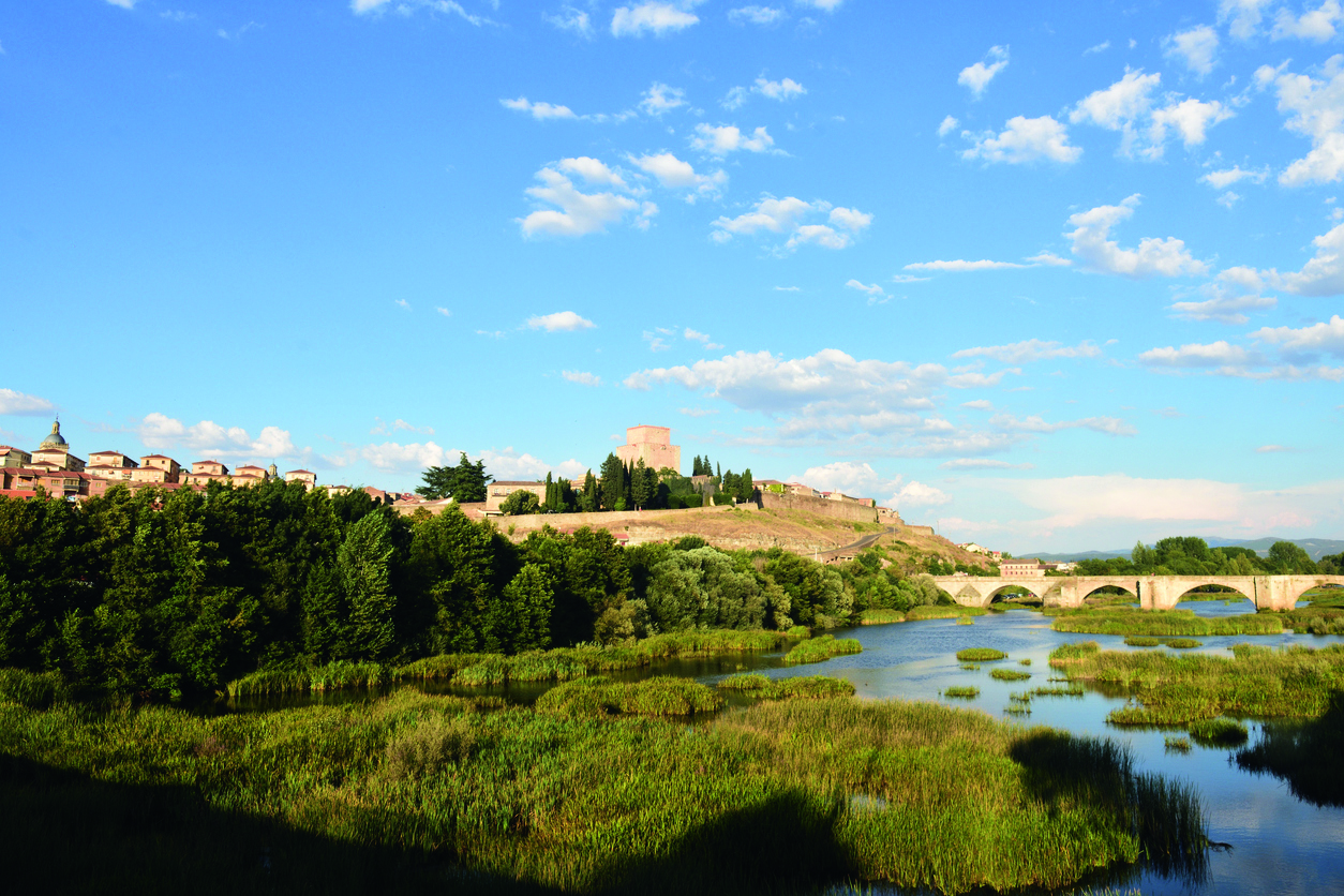 Blick über den Fluss Agueda auf Ciudad Rodrigo mit der Stadtmauer und der Burg