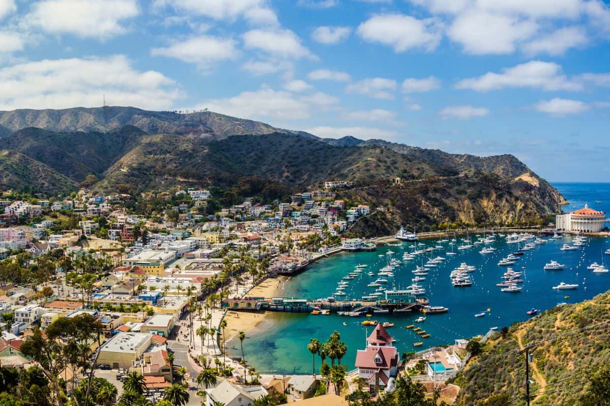 Blick von oben auf die Bucht von Avalon auf Santa Catalina Island mit zahlreichen Booten, dem Hafenpier und den umliegenden Hügeln unter blauem Himmel.