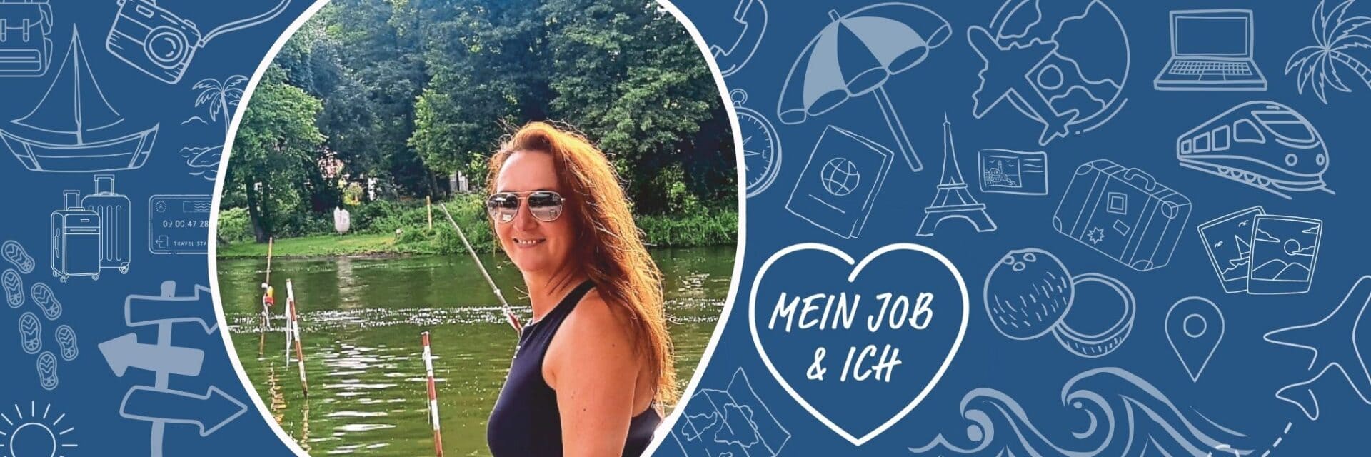 Mein Job und Ich susanne deike Eine Frau mit langen rötlichen Haaren und Sonnenbrille steht in einem kreisförmigen Ausschnitt vor einem See mit Bäumen im Hintergrund, umgeben von Icons.