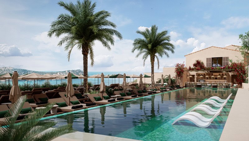 Mallorca Swimmingpool mit Blick aufs Meer Liegen Sonnenschirme