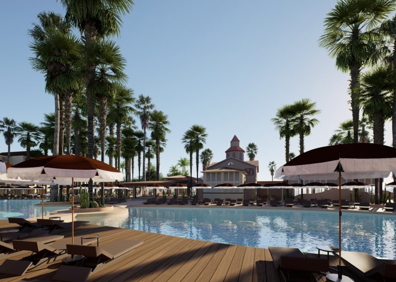 Blick über einen Pool mit schönen Liegen. Das Foto ist ein Modell