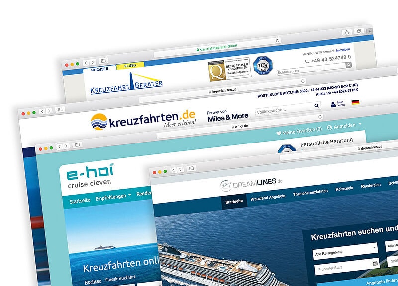 Die vier größten Kreuzfahrt-Portale: Dreamlines, E-Hoi, Kreuzfahrten.de und Kreuzfahrtberater.de