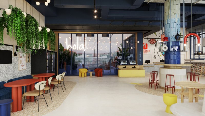 Blick in die Lobby im Meininger Hotel Barcelona, das 2027 gegenüber der Messe eröffnen wird