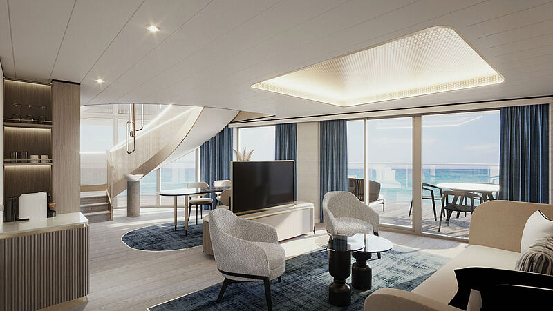 Prunkstück der neuen Suiten-Kategorien sind zwei „Große Freiheit“-Suiten im Maisonette-Stil. Modell: TUI Cruises