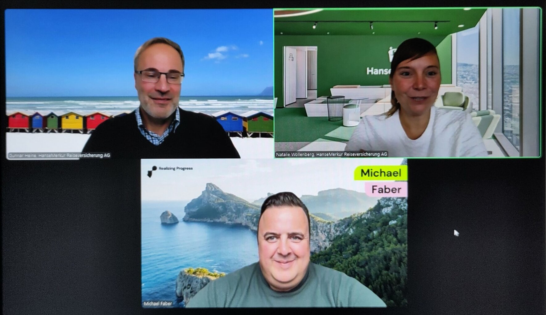 Gunnar Heine, Natalie Wollenberg von der Hanse Merkur sowie Michael Faber (Realizing Progress) im Webinar