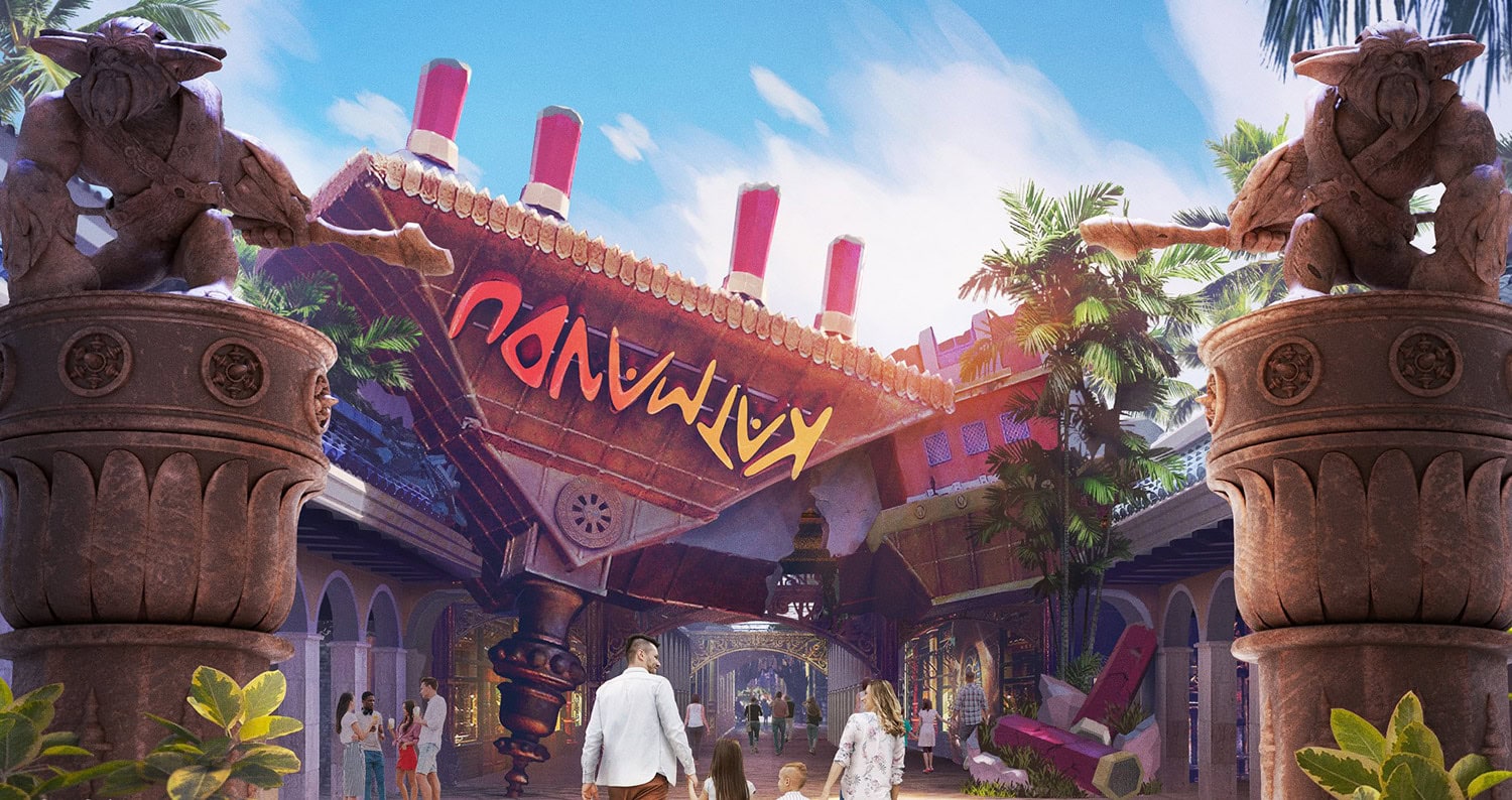 Eingang in den Katmandu Park, der im All-inclusive-Angebot inklusive ist. Modelle: Falcon's Beyond Global, LCC