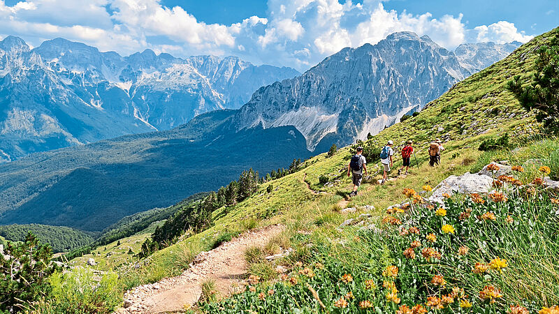 Wanderer auf Bergpfad in den albanischen Alpen mit Panorama, Natur und Blumen. Der Himmel ist blau mit wenigen Wolken.