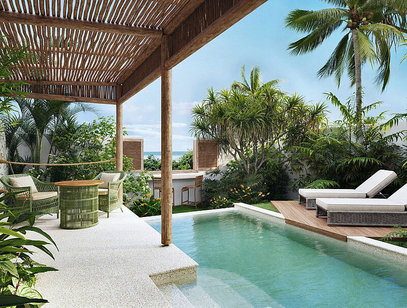 Rendering einer Hotel-Terrasse mit einem langgezogenen Pool und Palmen, rechts stehen zwei Liegen