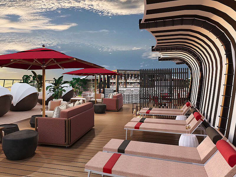 Modellbild eines neugestalteten Sonnendeckbereichs auf einem Kreuzfahrtschiff. Moderne Sonnenliegen und Sofas sowie runde Cabanas mit faltbarem Dach sind zur Reling und auf das blaue Meer ausgerichtet. Rote Sonnenschirme spenden Schatten.