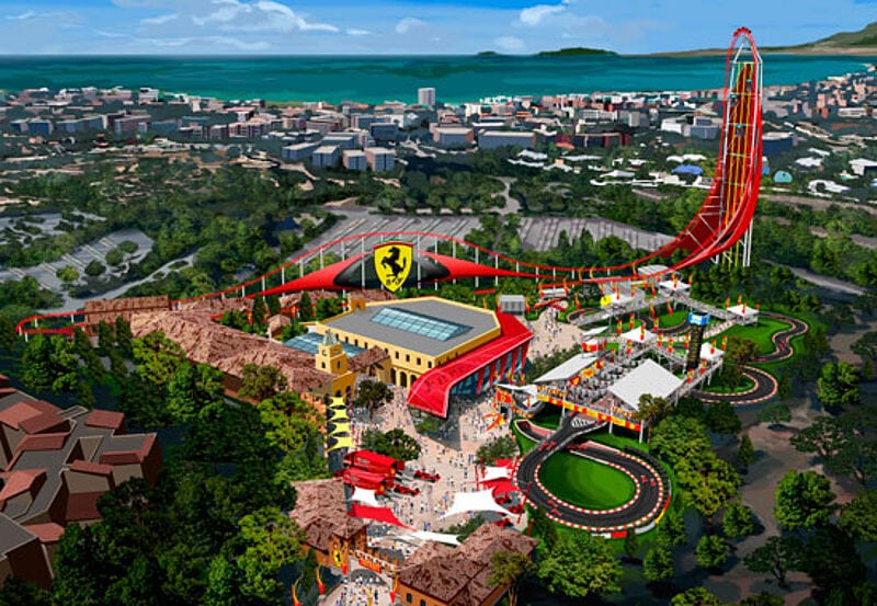 112 Meter hoch: So soll die Parabelbahn im Ferrari Land bei Port Aventura im nächsten Frühjahr aussehen