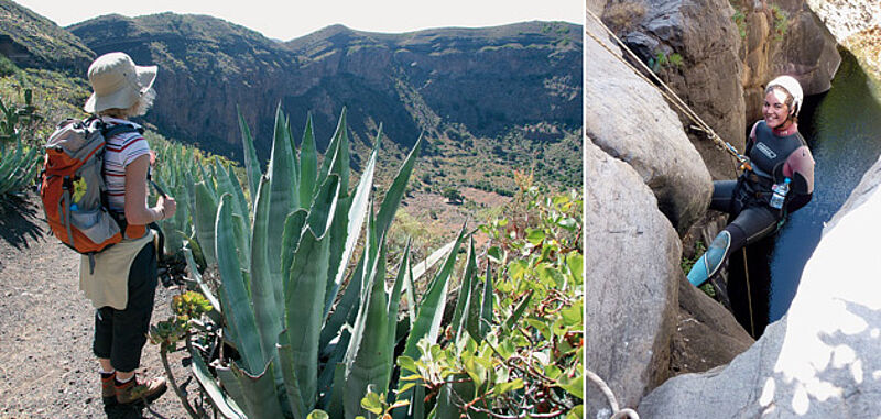 Blick in den Vulkankrater Bandama, der über 200 Meter tief ist und einen Durchmesser von mehr als 1.000 Metern hat. Rechts: Beim Canyoning seilt man sich in bis zu zwanzig Meter tiefe Schluchten ab.