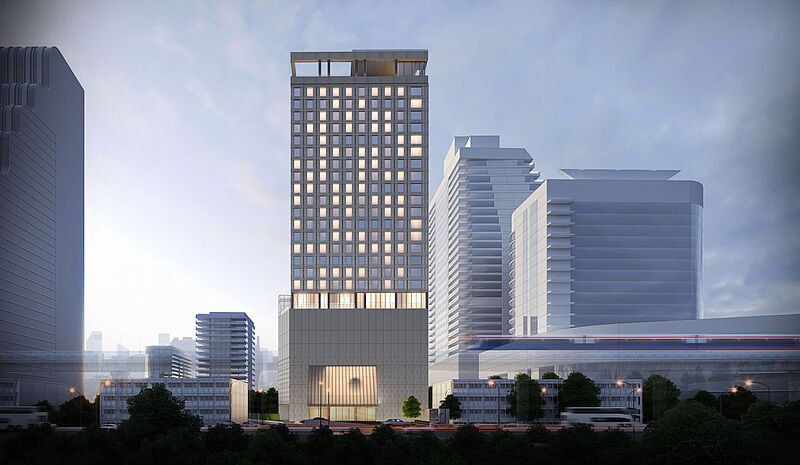 Modell eines aufragenden Hotelneubaus