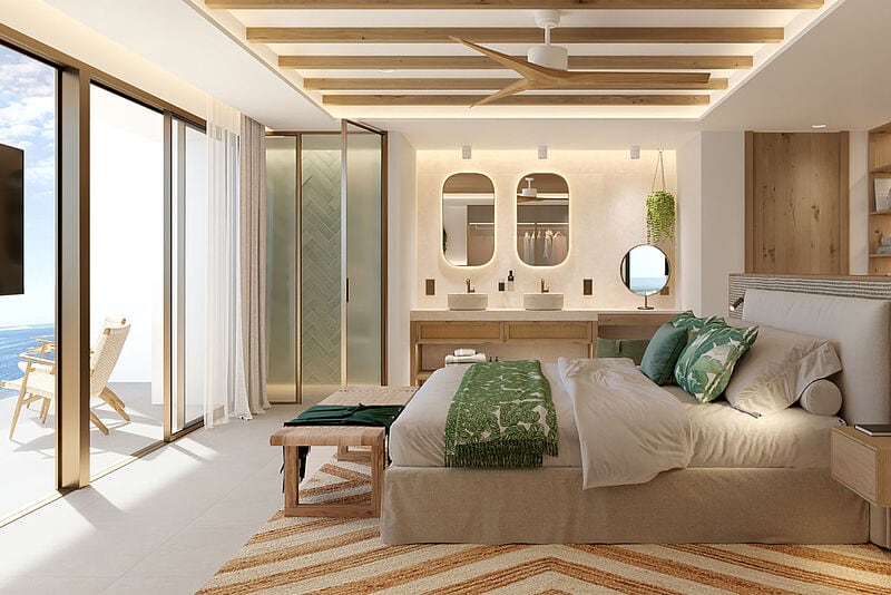 Blick in ein Hotelzimmer des Iberostar Selection Es Trenc auf Mallorca