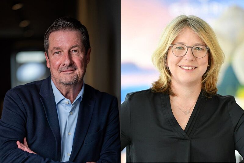 Zwei Portraitfotos: links Mann im dunklen Anzug, rechts Frau mit Brille in schwarzem Oberteil. Beide lächelnd.