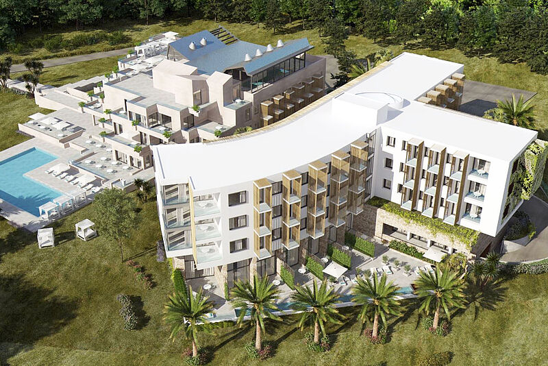 Modell von zwei mehrstöckigen Gebäuden mit einem großen Pool und viel Grün drumherum