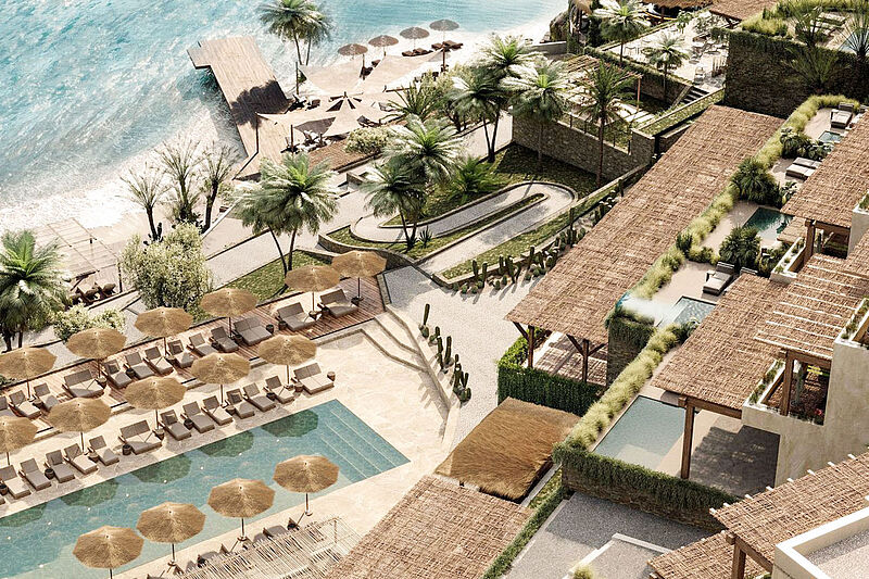 Luftaufnahme eines luxuriösen Strandresorts mit Infinity-Pool, Palmen, Sonnenterrassen und Strandzugang zum türkisblauen Meer