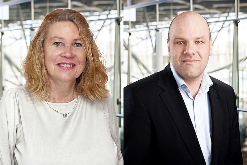 Porträtaufnahmen einer Managerin in einer hellen Bluse sowie eines Managers mit Jackett und weißem Hemd vor dem unscharfen Hintergrund eines Flughafen-Terminalgebäudes