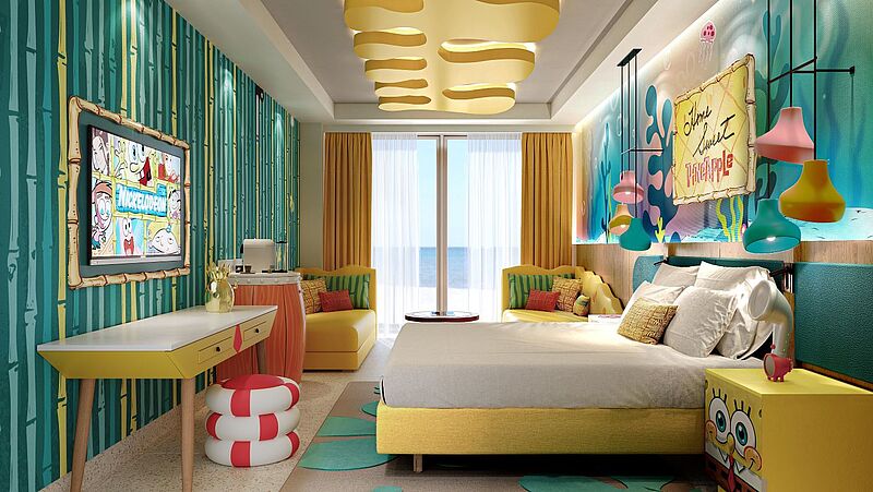 Ein Zimmer mit den Farben und Figuren von Spongebob