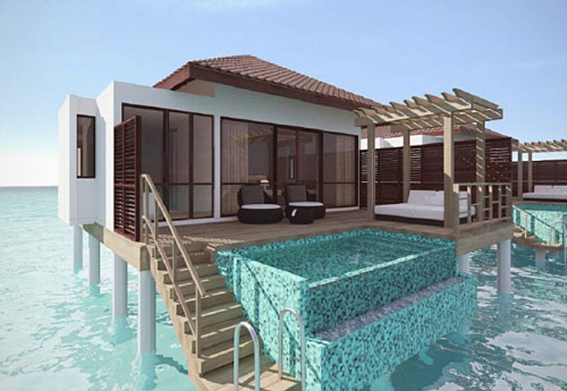 Baden im eigenen Pool oder lieber im Meer? Qual der Wahl für die Gäste der neuen Wasserbungalows, die im Robinson Club Maldives gebaut werden