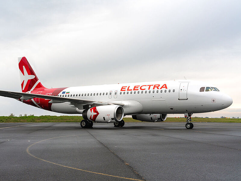 Ein Flugzeug der bulgarischen Charter-Airline Electra Airways steht auf einem Rollfeld vor, im Hintergrund ist Wiese sowie grauer Himmel zu sehen.