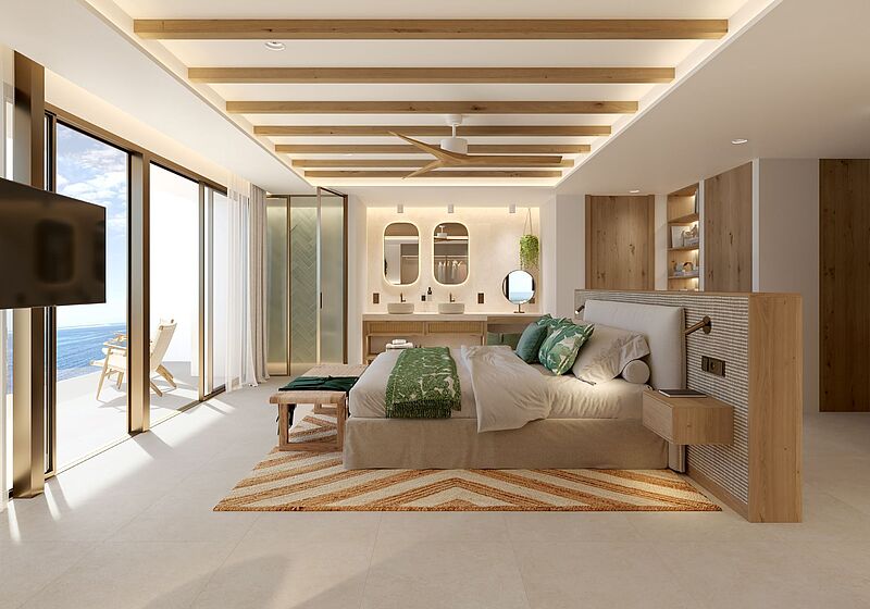 Das Modell eines Hotelzimmers auf Mallorca, die Gäste können vom Bett direkt auf das Meer schauen