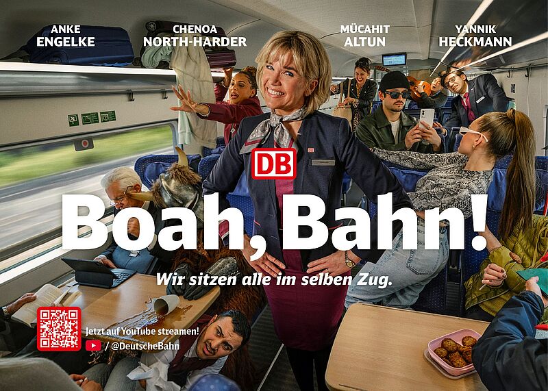 Key-Visual der neuen Web-Serie mit dem Schriftzug „Boah, Bahn! Wir sitzen alle im selben Zug.“ Als Darsteller ist unter anderem Anke Engelke als Zugchefin zu sehen.