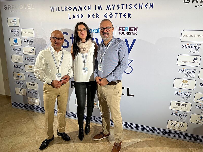 Das Führungstrio von Coral Travel/Ferien Touristik: Ender Karadag (Vertrieb), Marika Schmidt (Produkt) und Koray Cavdir (Geschäftsführer