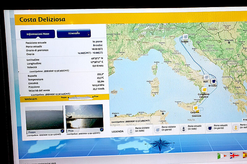 Die Route der Costa Deliziosa auf einem Screen an Bord.