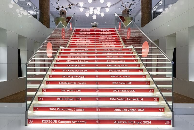 Eine Treppe im Hotel dokumentiert die nun 50 Academys – die erste fand 1974 in Zürich statt. Foto: Dertour Group/David Vasicek