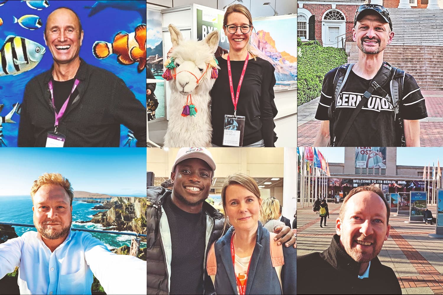 Bildcollage von der ITB Berlin 2024: Messebesucher, geschmücktes Lama und Außenansicht des Messegeländes mit internationalen Flaggen und rotem ITB-Logo