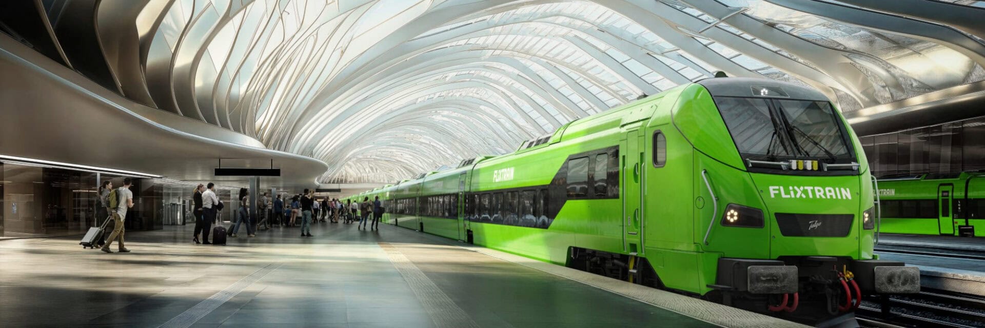 Das gerenderte Bild zeigt einen modernen Bahnhof, in dem ein leuchtend grüner Flixtrain-Zug an einem Bahnsteig unter einem futuristischen, lichtdurchfluteten Glasdach steht, während zahlreiche Reisende mit Gepäck ein- und aussteigen.
