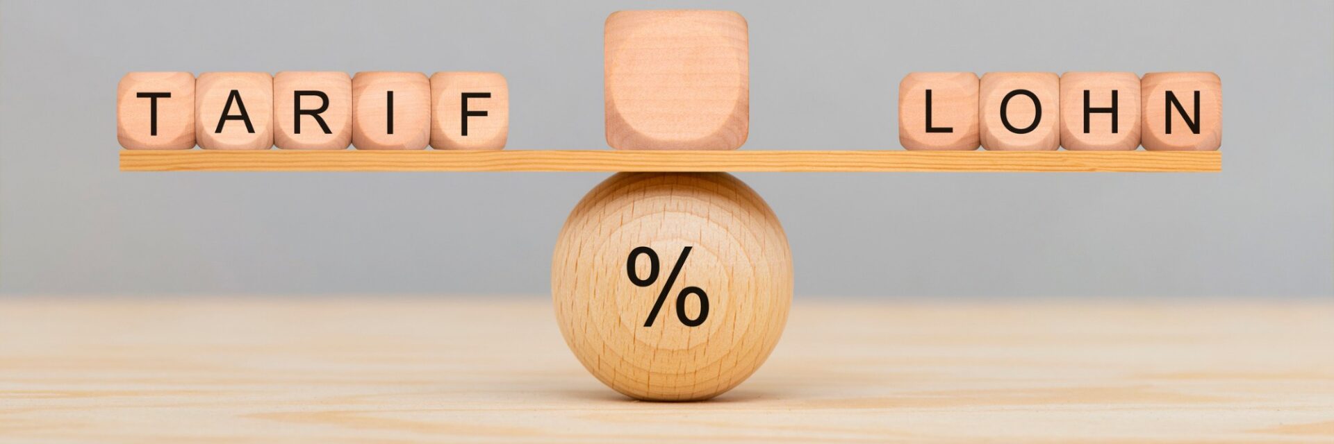 Holzwaage mit den Worten „Tarif“ und „Lohn“ auf gegenüberliegenden Seiten, balanciert auf einem Zylinder mit Prozentzeichen – Symbolbild für Tarifverhandlungen und Gehaltsanpassungen.