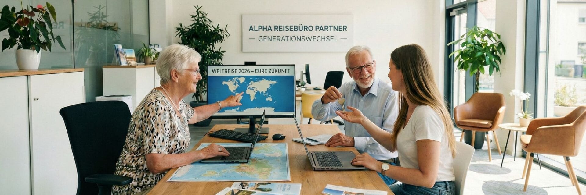 Zwei Damen und ein älterer Herr sitzen gemeinsam an einem Tisch. Vor Ihnen stehen Laptops und sie gestikulieren mit den Händen. Im Hintergrund der Büroumgebung hängt ein Schild mit der Aufschrift: Generationswechsel.
