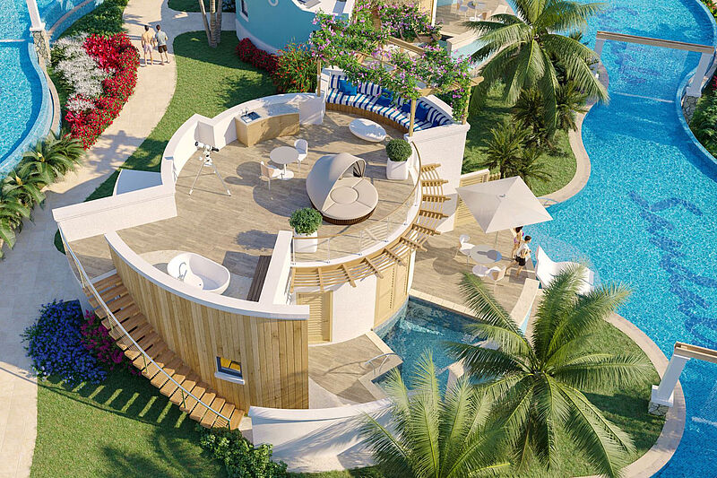 Die Coyaba Swim-Up Rondoval Butler Suites haben einen privaten Pool und eine großzügige Dachterrasse