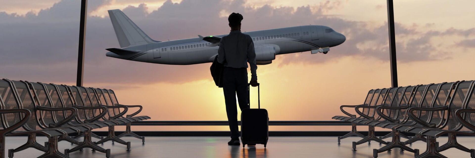 Person mit Koffer steht in einer Flughafenhalle und schaut auf ein startendes Flugzeug bei Sonnenuntergang – Symbolbild für internationales Reiseverhalten.
