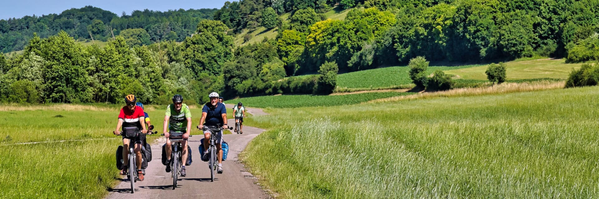 Mehrere Radfahrer fahren auf einem schmalen asphaltierten Weg durch grüne Wiesen und hügelige Landschaft mit Bäumen an einem sonnigen Tag.